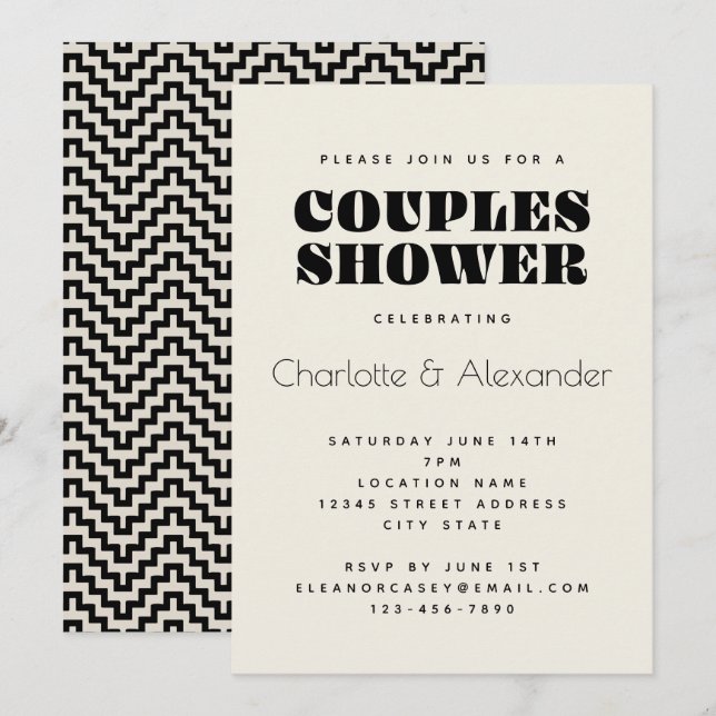 Groovy Retro 70s Design in Black Couples Shower Invitation (Front/Back)