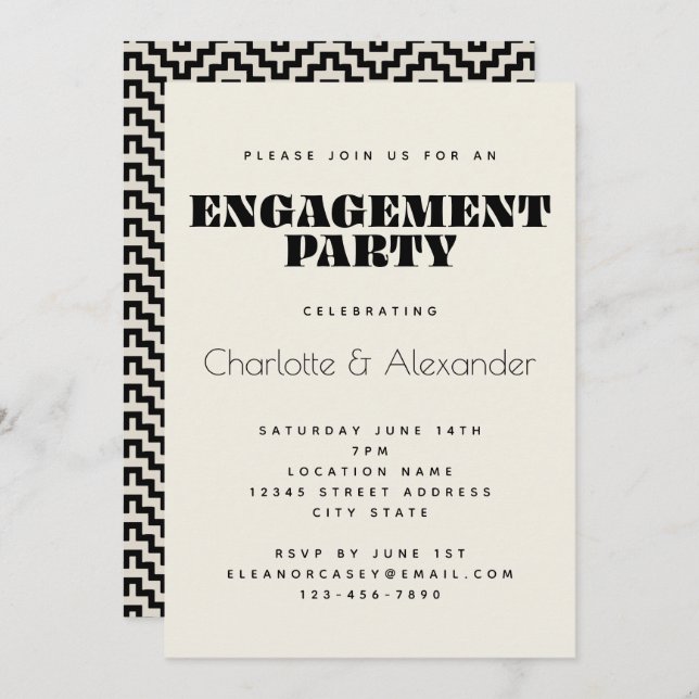 Groovy Retro 70s Design in Black Engagement Party  Invitation (Front/Back)