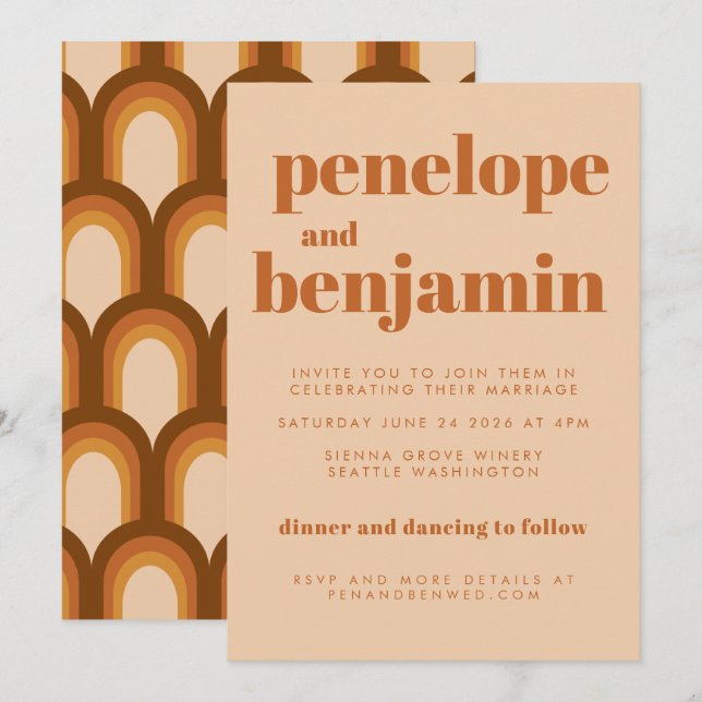 Groovy Retro 70s Design in Brown and Sand Wedding  Invitation (Front/Back)