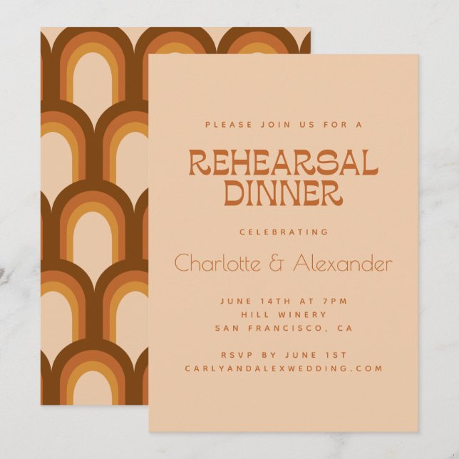 Groovy Retro 70s Design in Brown Rehearsal Dinner Invitation (Front/Back)