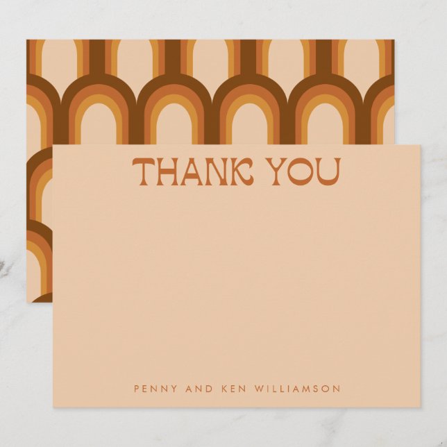 Groovy Retro 70s Design in Brown Wedding Names Thank You Card (Front/Back)