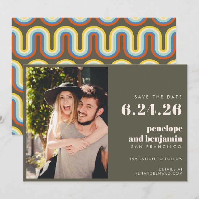 Groovy Retro 70s Design in Olive PHOTO Wedding Save The Date (Front/Back)