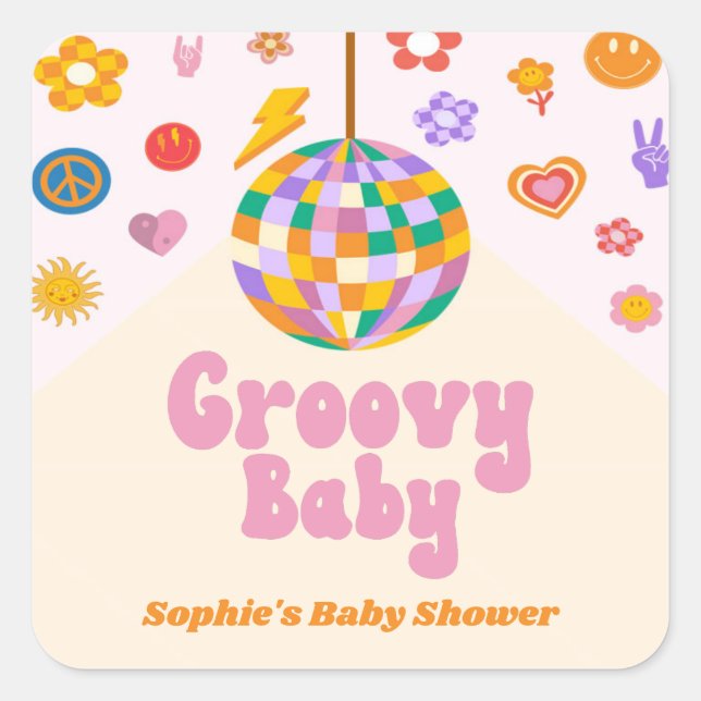 Groovy Retro 70's Disco Ball Baby Shower Favour Square Sticker (Front)