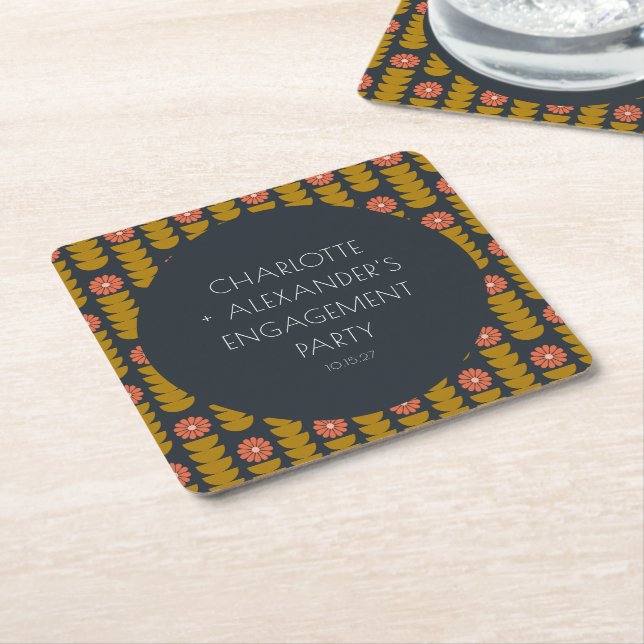 Groovy Retro 70s Floral Custom Engagement Party  Square Paper Coaster (Angled)