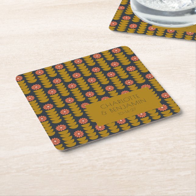 Groovy Retro 70s Floral Gold Blue Custom Wedding  Square Paper Coaster (Angled)