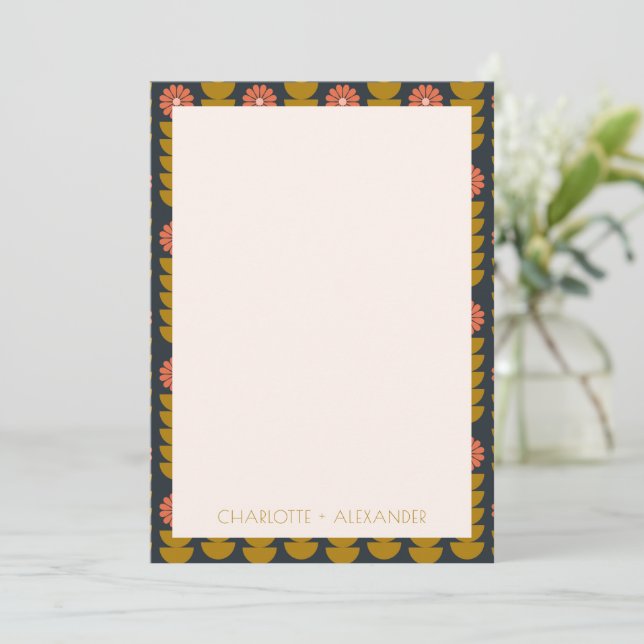 Groovy Retro 70s Floral Navy Personalized Name Thank You Card (Standing Front)