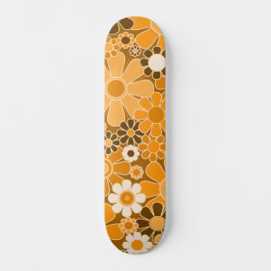 Groovy Retro 70s Floral Pattern Orange and Brown Skateboard