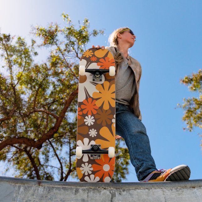 Groovy Retro 70s Floral Pattern Orange and Brown Skateboard (Outdoor 1)
