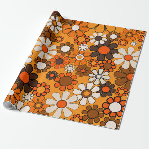 Groovy Retro 70s Floral Pattern Vintage Orange Wrapping Paper