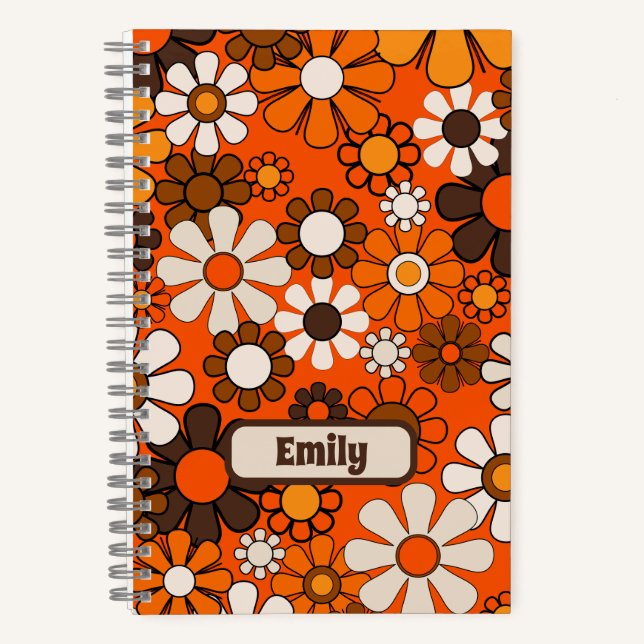Groovy Retro 70s Floral Personalized Brown Orange Notebook (Front)