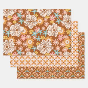 Groovy Retro 70s Flowers and Geometric Patterns Wrapping Paper Sheet