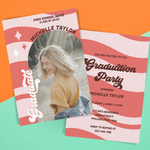 Groovy Retro 70s Graduation Pink Red Vintage Arch Invitation