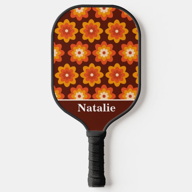 Groovy retro 70s hippie orange flower Personalized Pickleball Paddle (Front)
