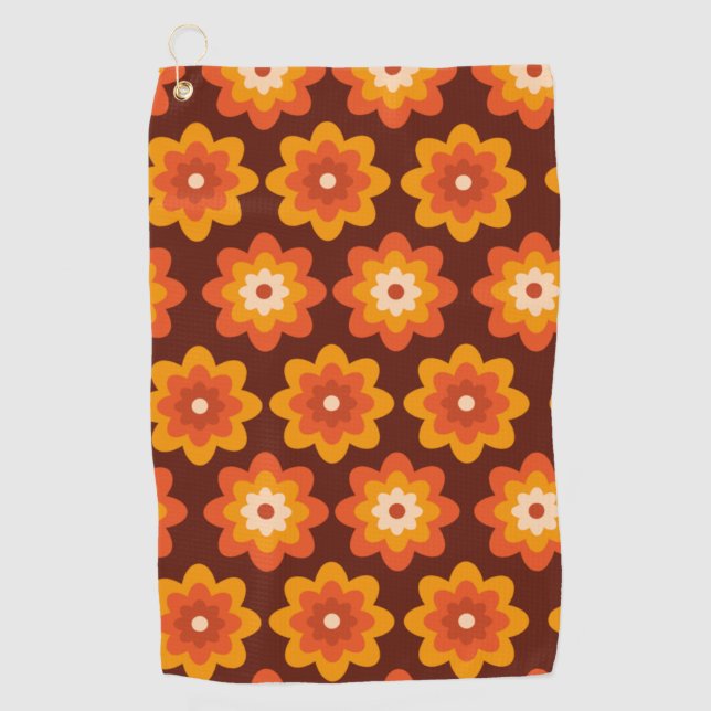 Groovy retro 70s hippie orange flowers pattern golf towel (Front)