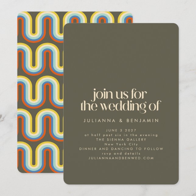 Groovy Retro 70s Olive Green Wedding All In One Invitation (Front/Back)