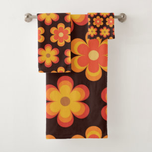 Groovy Retro 70s Orange and Yellow Flowers  Bath Towel Set