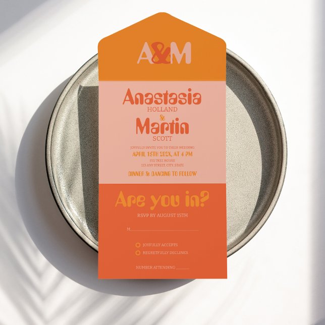 Groovy Retro 70s Peach Orange Bold Wedding All In One Invitation (Orange Retro Wedding Invite)