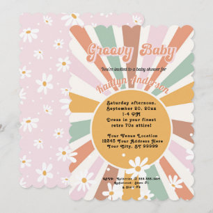 Groovy Retro 70s Sunshine Daisy Girl Baby Invitation