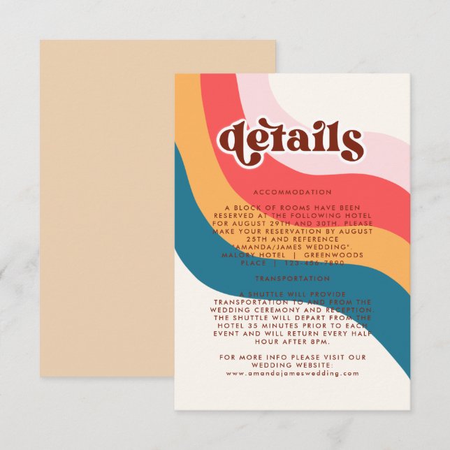 Groovy Retro 70s Wavy Lines Wedding Details Card (Front/Back)