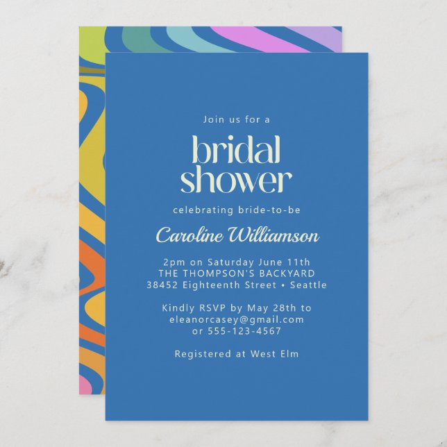 Groovy Retro Abstract Rainbow Blue Bridal Shower Invitation (Front/Back)
