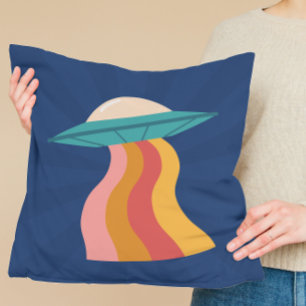 Groovy Retro Alien Spaceship Rainbow Throw Pillow