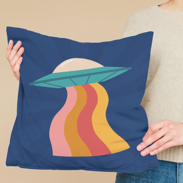 Groovy Retro Alien Spaceship Rainbow Throw Pillow (Groovy Retro Alien Spaceship Rainbow Throw Pillow UFO college dorm room decor decoration toss pillow)