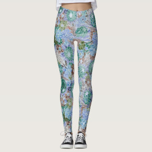 Groovy Retro Blue Protea And Daisy Pattern  Leggings