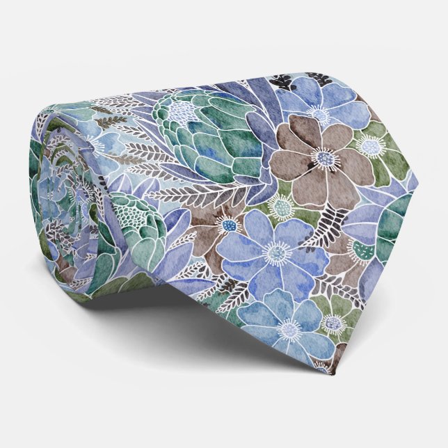 Groovy Retro Blue Protea And Daisy Pattern Tie (Rolled)