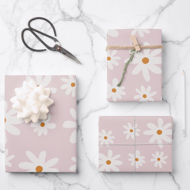 Groovy Retro Blush Pink Daisy Wrapping Paper Sheet (Front)