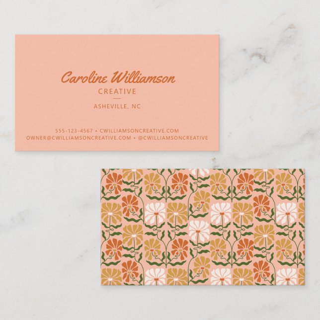 Groovy Retro Boho Burnt Orange Botanical Trendy Business Card (Front/Back)