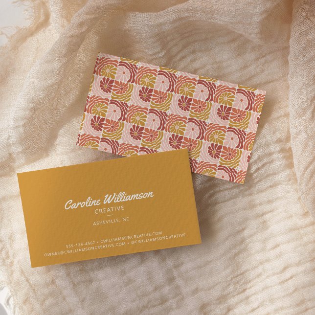 Groovy Retro Boho Mustard Yellow Botanical Trendy Business Card (Creator Uploaded)
