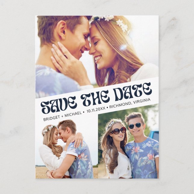 Groovy Retro Boho Photo Wedding Save the Date Announcement Postcard (Front)