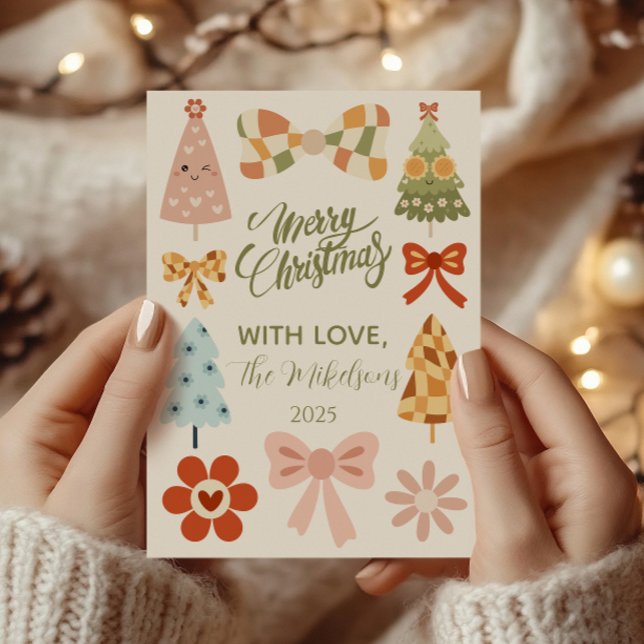 Groovy Retro Bow Christmas Holiday Card (Creator Uploaded)