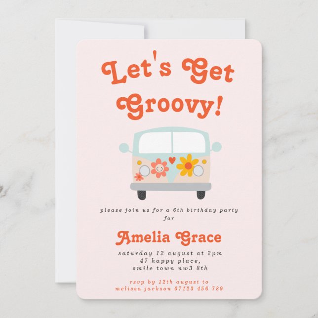 Groovy Retro Camper Van Any Age Girls Birthday Invitation (Front)