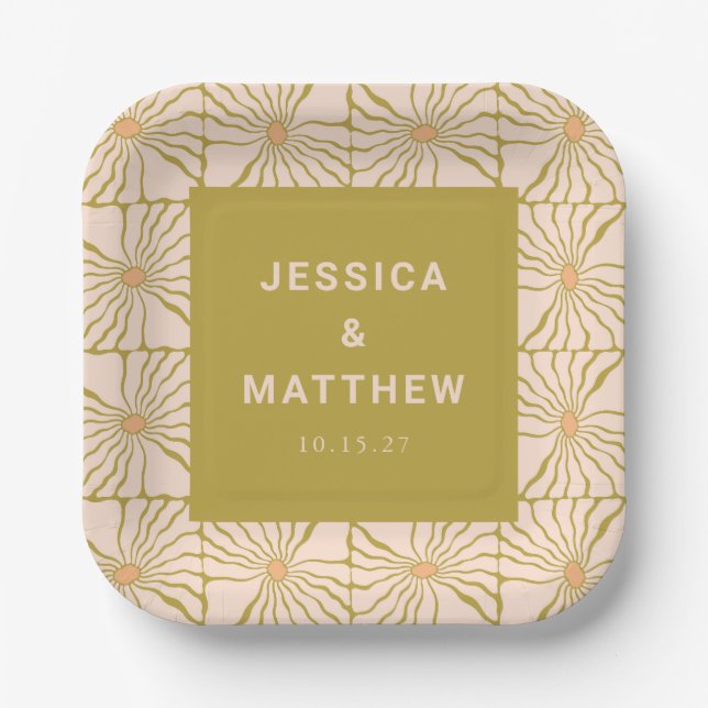 Groovy Retro Chartreuse Botanical Custom Wedding Paper Plate (Front)
