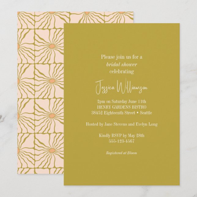 Groovy Retro Chartreuse Botanical Trendy Shower Invitation (Front/Back)