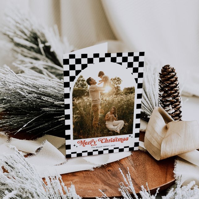 Groovy Retro Chequered Arch Photo Holiday Card (Retro Checkered Arch Photo Family Christmas Card)