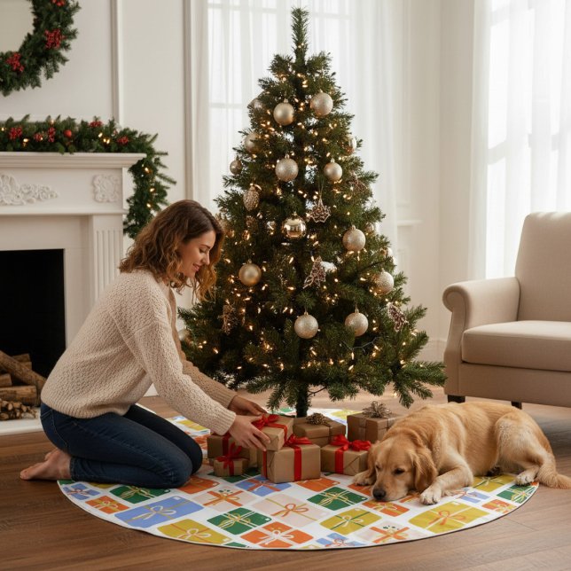 Groovy Retro Christmas Festive Colourful Gifts Brushed Polyester Tree Skirt (Creator Uploaded)