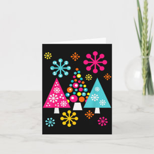 Groovy Retro Christmas Trees And Snowflakes  Card