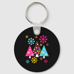 Groovy Retro Christmas Trees And Snowflakes Keychain