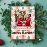 Groovy Retro Christmas Trees Pattern Photo Frame Holiday Card<br><div class="desc">Celebrate the joy of the holiday season with our customizable "Merry & Bright" Christmas Holiday Card. Perfect for spreading festive cheer, this modern, trendy Christmas photo card combines retro charm with contemporary style, featuring a vibrant design in vintage rose and dusky pink tones. Add your favourite family photo and personalized...</div>
