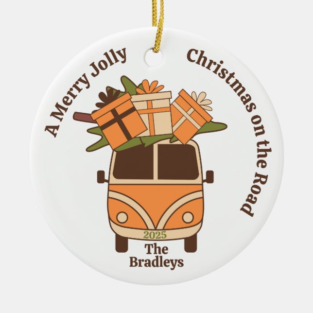 Groovy Retro Christmas Van  Ceramic Ornament (Front)