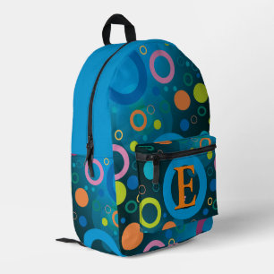 Groovy Retro Circles Monogram Blue Colourful Printed Backpack