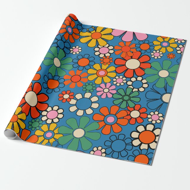 Groovy Retro Colourful 60s 70s Floral Pattern Wrapping Paper (Unrolled)