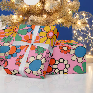 Groovy Retro Colourful 60s 70s Floral Pattern Wrapping Paper