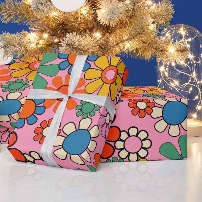 Groovy Retro Colourful 60s 70s Floral Pattern Wrapping Paper (Holidays)