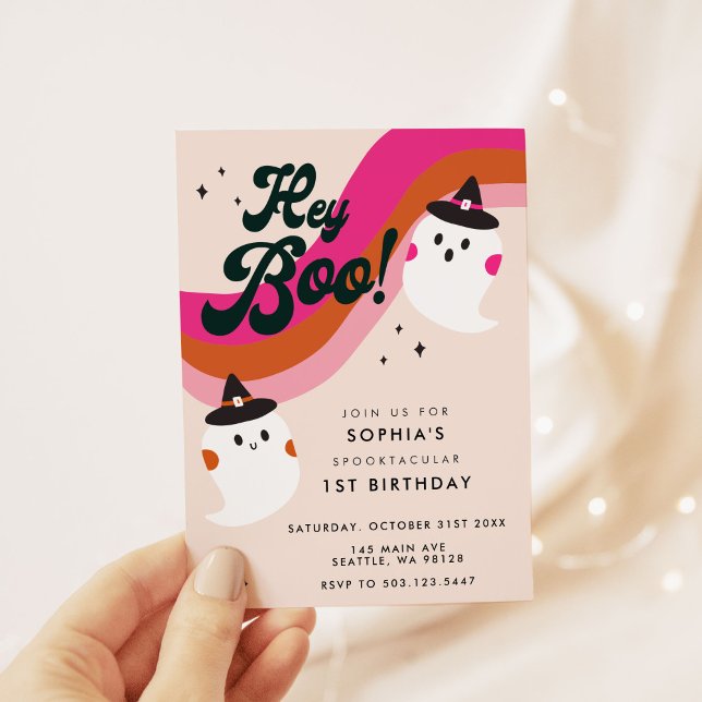 Groovy Retro Cute Ghost Hey Boo 1st Birthday  Invitation (Creator Uploaded)