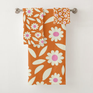 Groovy Retro Daisies Floral Pattern on orange Bath Towel Set