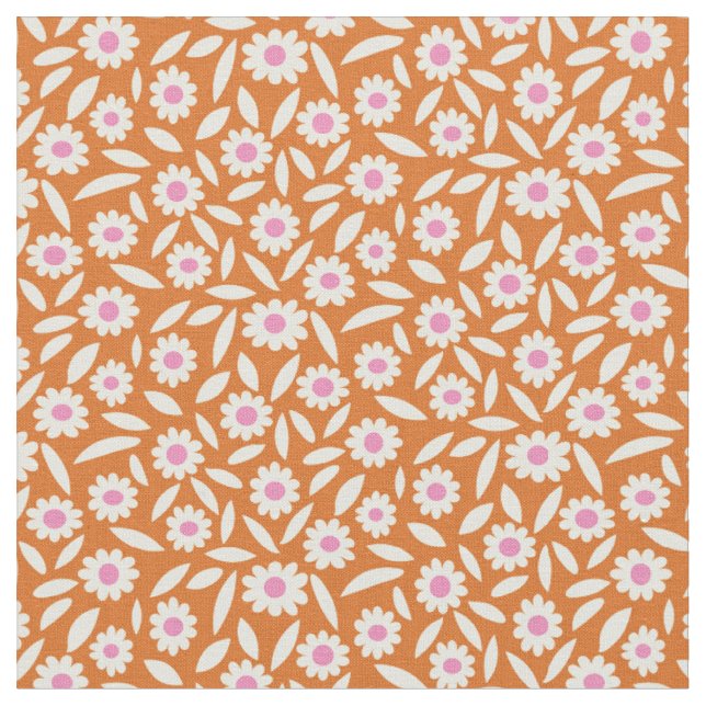 Groovy Retro Daisies Floral Pattern on orange  Fabric (Close Up)