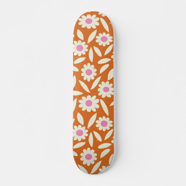 Groovy Retro Daisies Flowers Pattern on orange   Skateboard (Front)
